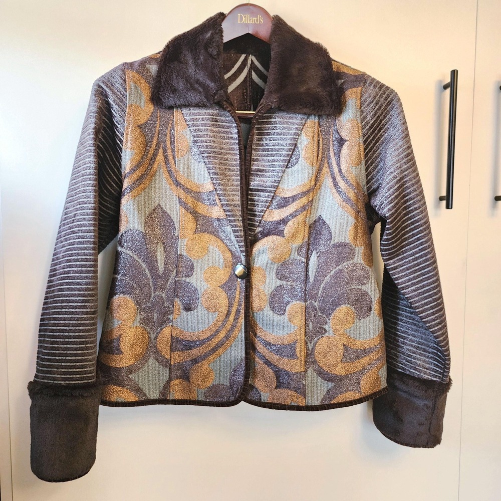 M 70s Reversible Brown and Blue‎ Tapestry Jacket with Faux Fur Collar and Cuffs